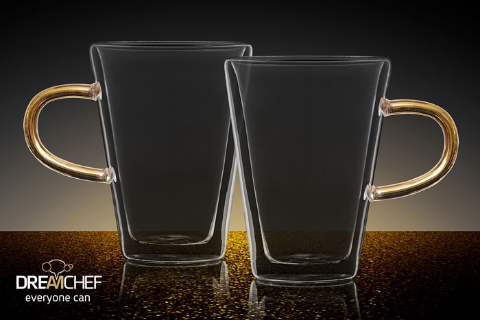 זוג מאגים זכוכית שכבה כפולה עם ידית בגוון זהב - DreamChef  