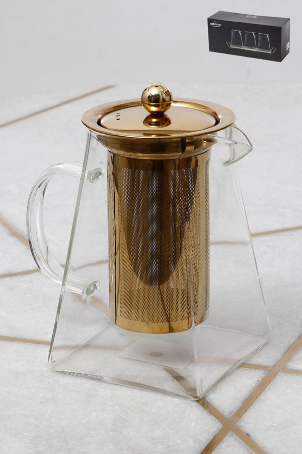 לחיצה להגדלת תמונה קנקן תה זכוכית  בגודל 1000ml + מכסה ומסננת בצבע זהב