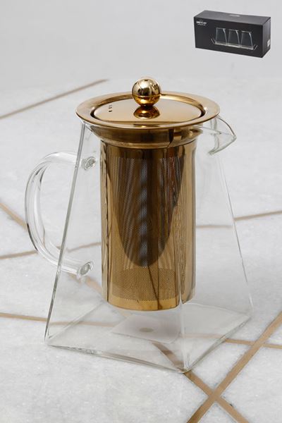 קנקן תה זכוכית  בגודל 1000ml + מכסה ומסננת בצבע זהב