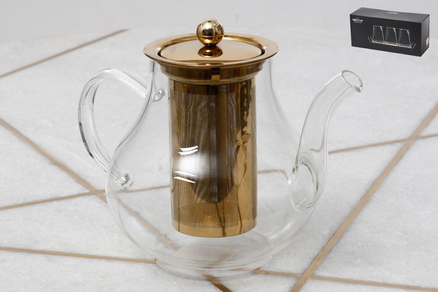 לחיצה להגדלת תמונה קנקן תה זכוכית + מסננת ומכסה זהב 1100ml