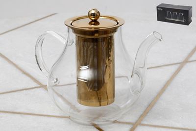 קנקן תה זכוכית + מסננת ומכסה זהב 1100ml