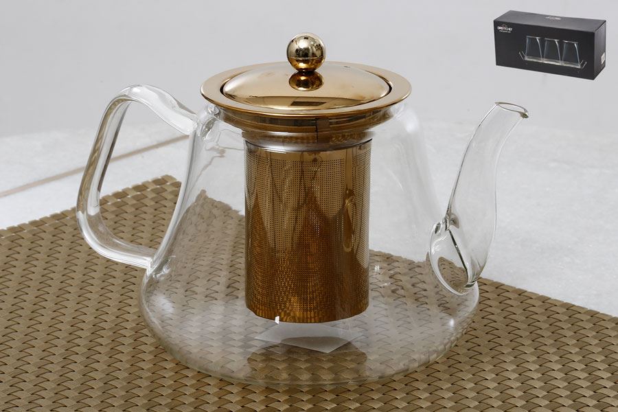 לחיצה להגדלת תמונה קנקן תה זכוכית + מסננת ומכסה זהב בנפח 1000ml